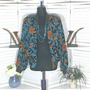 Vintage 80s Paisley Floral Jacket Rust Orange Teal Black M